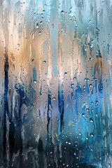 Raindrops falling gently onto a windowpane, with streaks of blue and silver conveying a sense of melancholy and renewal. 