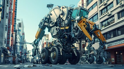 Futuristic Robotic Waste Collector Navigating City Streets for Efficient Recycling and Cleanup - obrazy, fototapety, plakaty