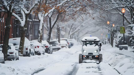 Autonomous Snow Clearing Robots Efficiently Plowing Urban Streets During Heavy Winter Storm