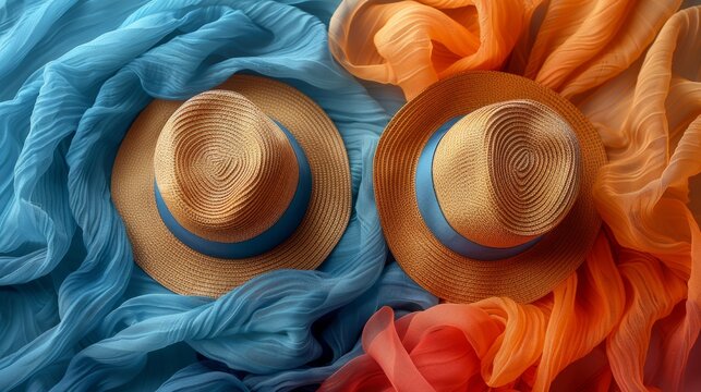This image features two straw hats surrounded by flowing, vibrant blue and orange fabrics, creating a sense of warmth and breezy summer days.