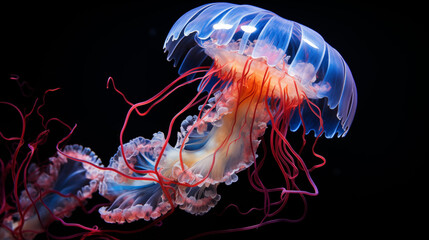 Stunning Underwater Shot of a Blue Jellyfish with Red Tentacles