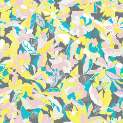 A seamless pattern of yellow and pink flowers on a black background High quality illustration