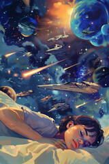 Girl dreaming of a vibrant space battle with starships and planets, vertical illustration