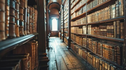 ancient library interior with rows of old books on wooden shelves historical knowledge concept - obrazy, fototapety, plakaty