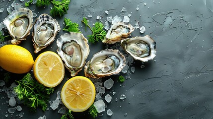 Opened oysters, ice and lemon on stone table. Half dozen. Top view with copy space