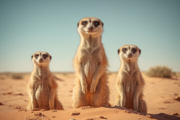 Family of meerkats standing alert on the sandy desert floor - Powered by Adobe