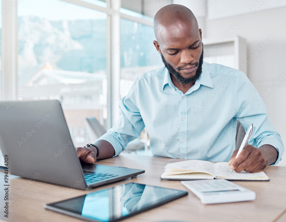Aufkleber writing, typing and black businessman multitask in office, workspace or professional for work in cor