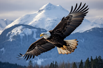 Fototapeta premium Magnificent bald eagle soaring majestically against a mountain backdrop