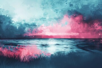 Abstract digital painting of Devil in exile in New World, with sky blue & pink hues. Minimalist tragedy evoking poignant solitude. - obrazy, fototapety, plakaty