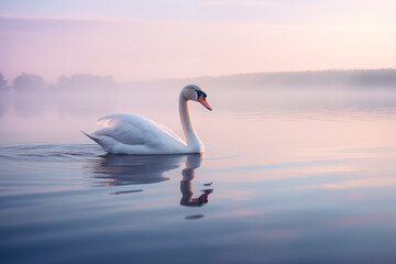 Elegant swan gliding serenely across the calm surface of a glassy lake at dawn