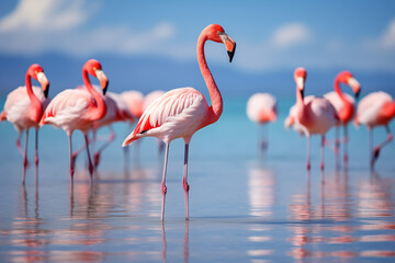 Flock of flamingos wading gracefully in a shimmering saltwater lagoon