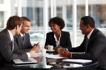 A group of business people are sitting around a table having a meeting