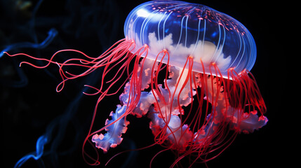 Translucent Jellyfish with Red Tentacles in Oceanic Depths