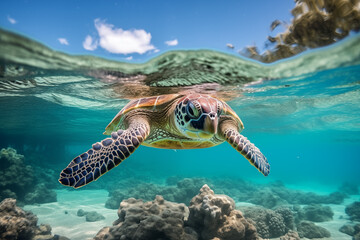 Majestic green turtles gracefully swimming through crystal-clear ocean waters, surrounded by vibrant coral reefs