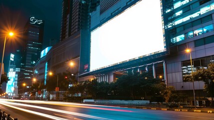 Fototapeta na wymiar blank white advertising billboard on modern office building at night urban mockup