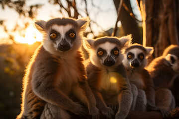 Family of lemurs basking in the warm glow of the morning sun in Madagascar