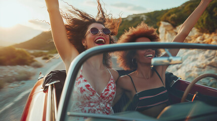 Friends taking a road trip together, with the wind in their hair and music blasting. Happiness, love, respect for each other, harmony - obrazy, fototapety, plakaty