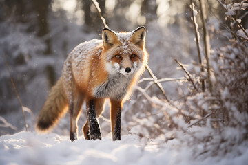 Agile red fox hunting for prey in a snowy woodland landscape