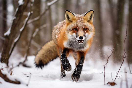 Agile red fox hunting for prey in a snowy woodland landscape