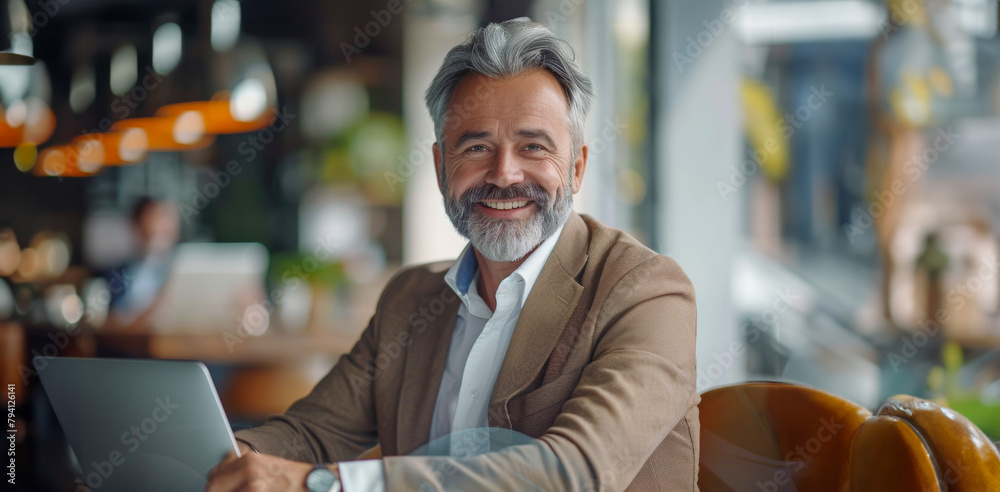 Poster Confident middle-aged man working on laptop in a cafe