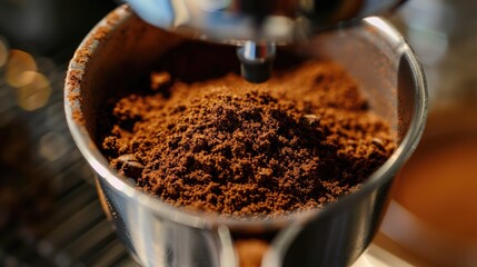 Ground coffee is placed into a filter - obrazy, fototapety, plakaty
