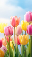 Row of multicolored tulips swaying in a gentle breeze, capturing the essence of spring for a lively desktop background