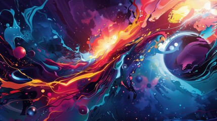 A vivid, abstract cosmic illustration with swirling colors and floating spheres - obrazy, fototapety, plakaty