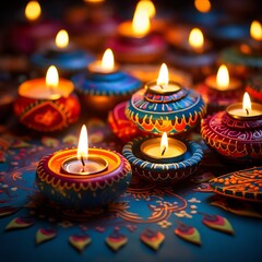 Obraz na płótnie Canvas Vibrant Diwali scene with lit diyas clay lamps arranged in intricate patterns, perfect for a festive and cultural desktop background