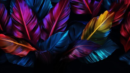Neoncolored tropical leaves against a dark backdrop, offering a unique and striking desktop background, high color saturation