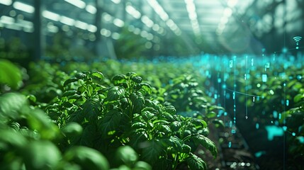 A digital smart farm concept with plants growing in a greenhouse and data being collected about the plants. - obrazy, fototapety, plakaty