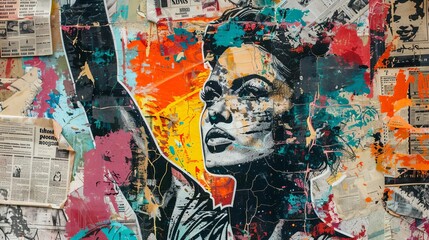 collage of graffiti newspapers and colorful painting of iconic woman fighting for rights feminist revolution urban street art