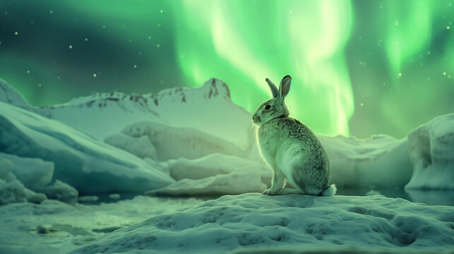Coelho em cima de um bloco de gelo com a aurora boreal no fundo