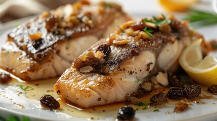 Fish steaks filled with raisins and almonds