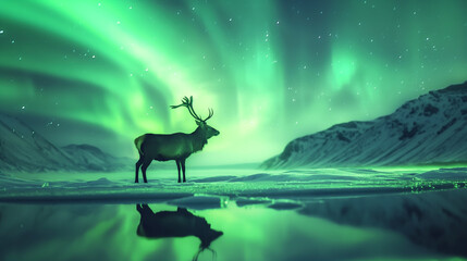 Rena em cima de um bloco de gelo com a aurora boreal no fundo