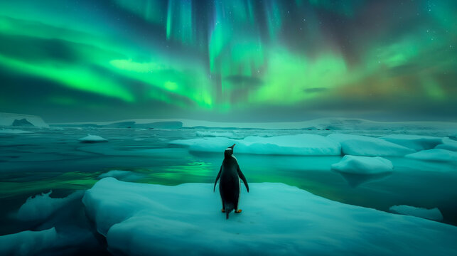 Pinguim em cima de um bloco de gelo com a aurora boreal no fundo
