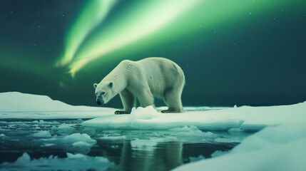 Urso polar em cima de um bloco de gelo com a aurora boreal no fundo