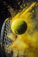 A yellow tennis ball covered in yellow powder is bouncing off a tennis racket.