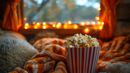 Popcorn background, popcorn in  red lining bucket on a table in living room blur background