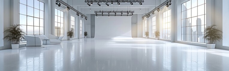Empty white gallery space with sunlight