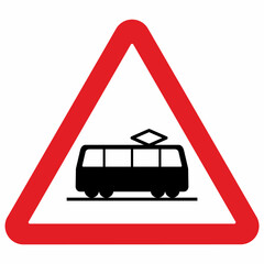 road sign, watch out for trams, traffic sign,  silhouette of tramway at red triangle frame, vector