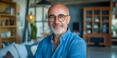 Fototapeta premium Mature man with a friendly smile in modern home interior