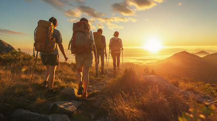 Friends going on a hike to watch the sunrise or sunset. Happiness, love, respect for each other, harmony