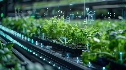 An image of a smart greenhouse with plants growing on shelves. The greenhouse is equipped with sensors and automation to monitor and control the environment. - obrazy, fototapety, plakaty
