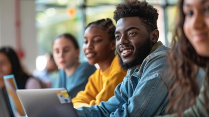 Fototapeta premium diverse male student coding on laptop with multiethnic classmates software development education digital illustration