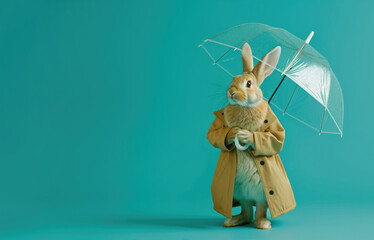 Dapper rabbit with clear umbrella in classic trench coat