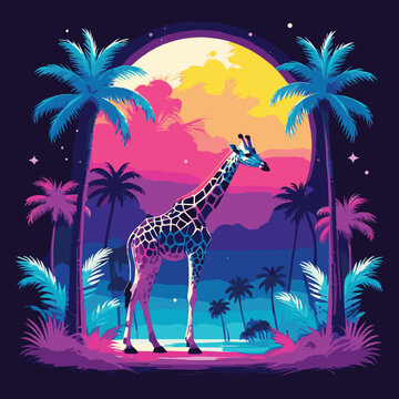 A Giraffe With Palm Trees and Retro Sun Vintage Colorful Retro Style