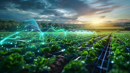 Green agricultural field with futuristic smart farm technology elements.