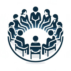 Vector graphic style image of a group of people sitting around a round table or in a circle symbolizing a meeting, discussion or collaboration