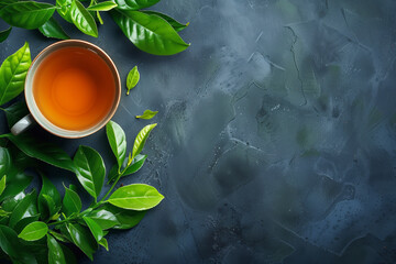 Cup of tea with fresh green leaves on a dark textured surface. Flat lay, copy space