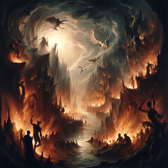 An image of hell with fire, grim rocks, dark clouds, and fantastical creatures
